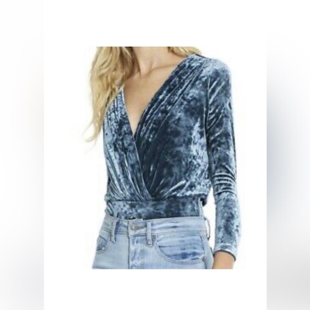 MISA Los Angeles Mirela Blue Teal Crushed Velvet Deep V Bodysuit Womens Medium